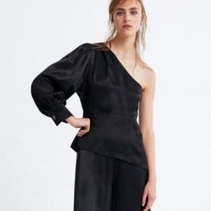 Zara One Shoulder Satin Black Blouse- NWT